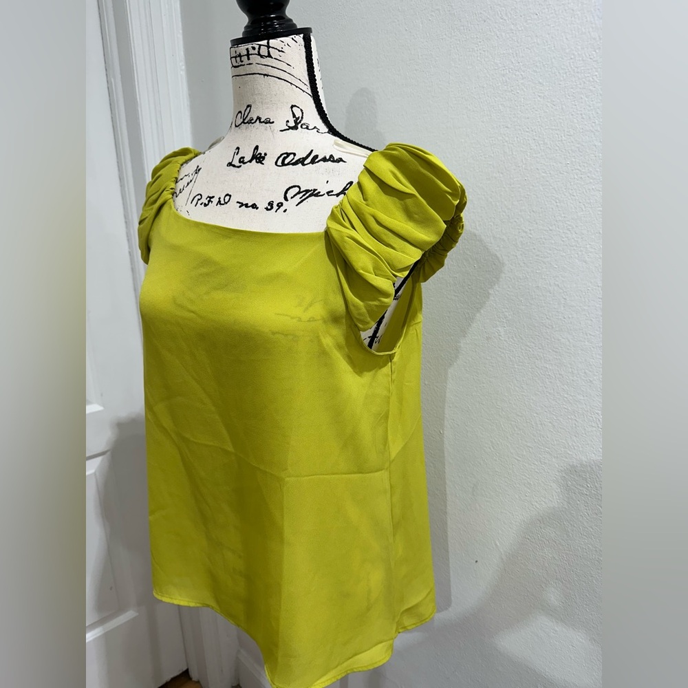 New York & Company Bright Green Ruched Sleeve Blouse